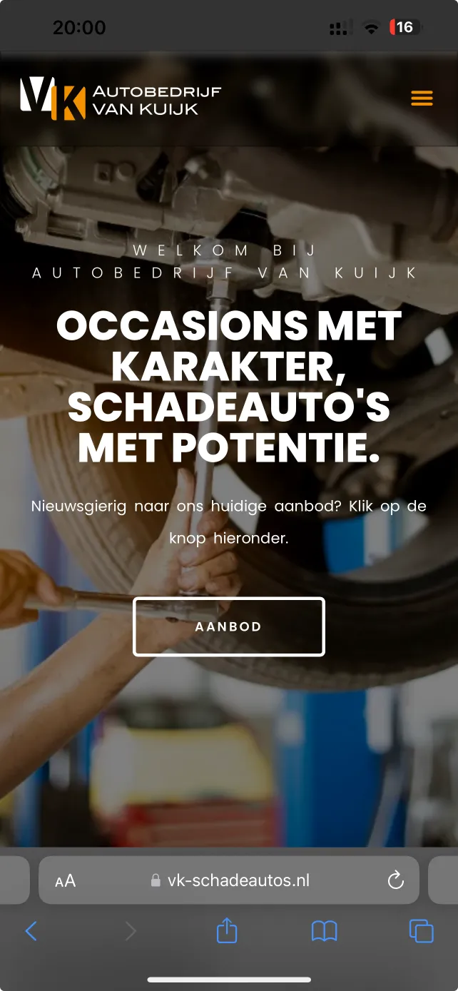 Screenshot mobiel met daarop de website van Autobedrijf Van Kuijk uit Ewijk
