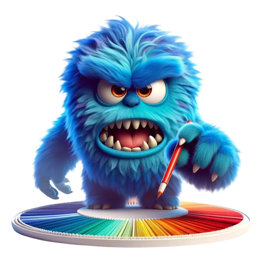 Blauwe harige monster met tandenborstel en kleurenwiel.
